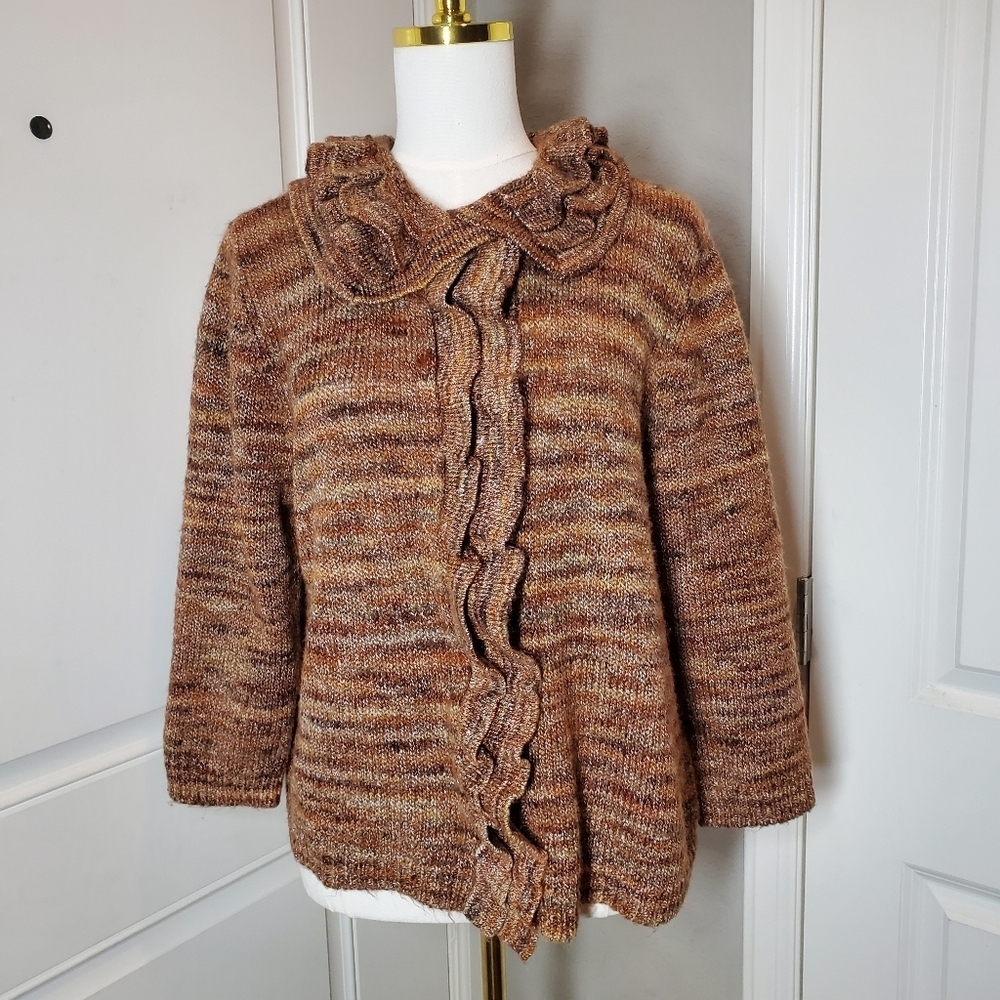 Ruby Rd. Brown Rust Women's Ruffle Button Front Cardigan Sweater Size Medium